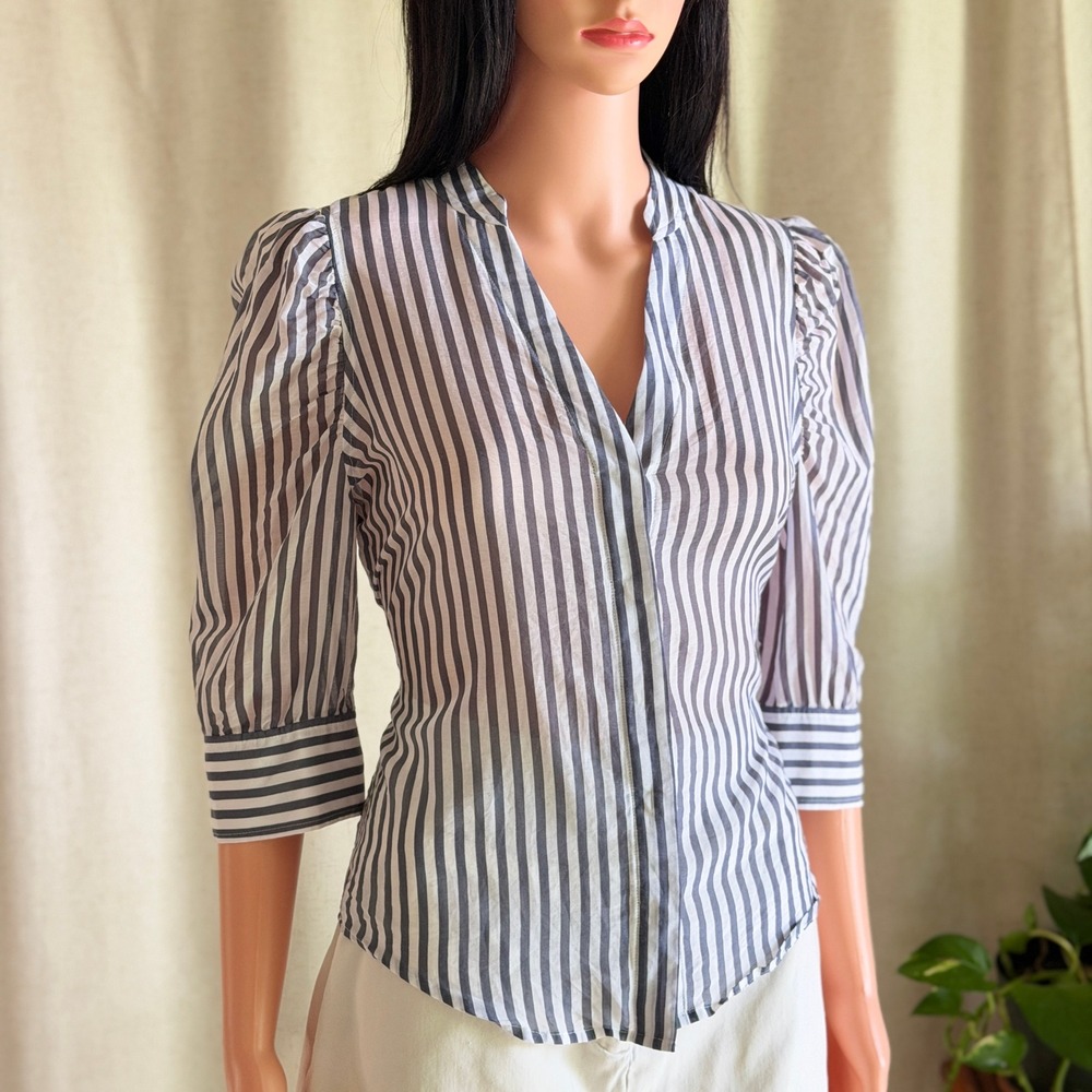 WHBM Navy White Striped Cotton Silk Puff Sleeve Blouse Top 3/4 Sleeve 6 Preppy